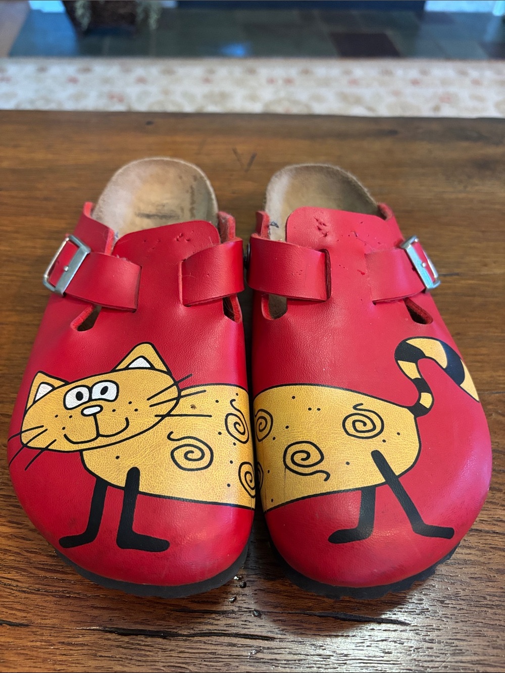 Birkis Red Cat-Print Slip-On Clogs